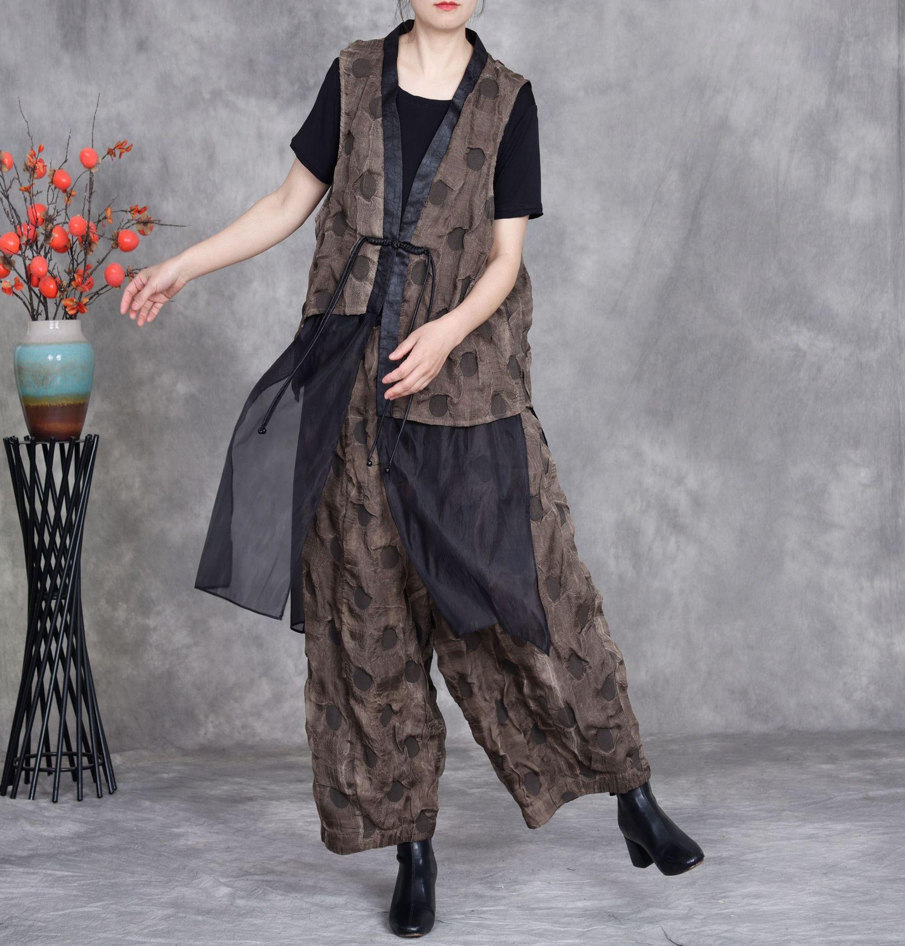 

Johnature Women Vintage Sleeveless Spring High Quality Two-piece Set One Size кавовий