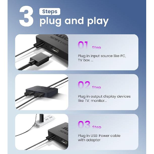 avedio links HDMI Splitter 4K@60Hz, HDMI Splitter 1 in 2 Out, HDMI Splitter for 2 Same Screen Only Mirror Screens, Support 3D Dol-by Vision Atmos