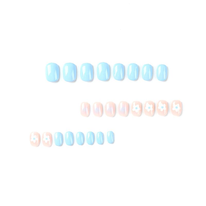 Wear fake nail piece, blue smudge, wear nail, cute white flower nail piece, finished product removable advanced