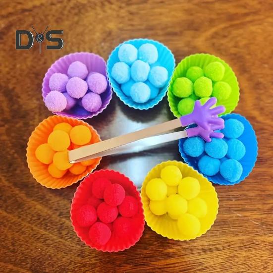 78Pcs/Set Kids Color Sorting Toy with 7 Bowls 70 Pompoms Clip Preschool Learning Ball Counting Matching Game Toddlers Boys Girls Educational Color