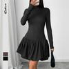 Autumn Winter Casual Slim Black Elasticity Puffy Dresses Simple Elegant A-line Turtleneck Long-sleeve Solid Mini Dress Female