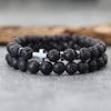 Simple Men Bracelet 2Pcs 6mm Natural Stone Meditation Yoga Brass Braclet Cross Hematite Lava Stone Faux Wooden Bead Strings