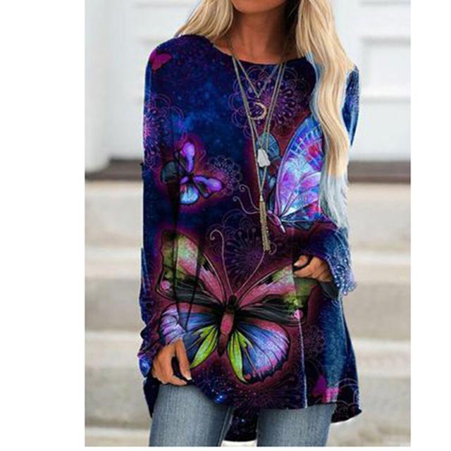 Móda Ženy Letní tričko Barevné tričko s potiskem motýla Outdoorové tričko s kulatým výstřihem volné Dámské Top Oblečení Plus velikosti S-5xl