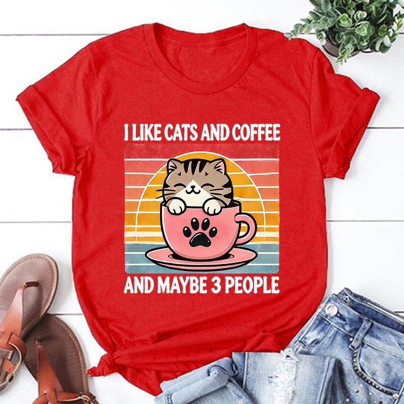 

Cat I Like Cats And Coffee And Maybe 3 People Print T-Shirt Women Men Summer Casual Short Sleeve Round Neck Tops Fashion T-Shirt S