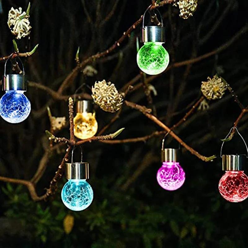 1/3/5PCS Solar Powered Outdoor Hanging Lights Colorful LED Cracked Glass Ball Design Waterproof Pathway Lantern for Garden Decor