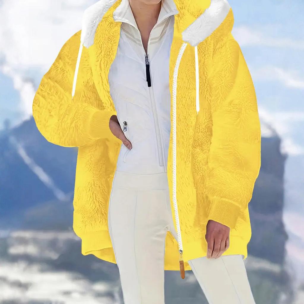 Women's Fashionable Plush Zipper Pocket Hooded Long Sleeved Loose Warm Jacket