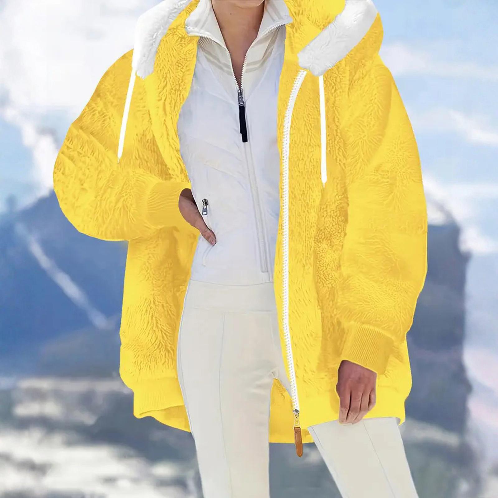 

Женская модная плюшевая куртка с капюшоном, длинными рукавами, свободного кроя, теплая, с карманами на молнии XL жёлтый