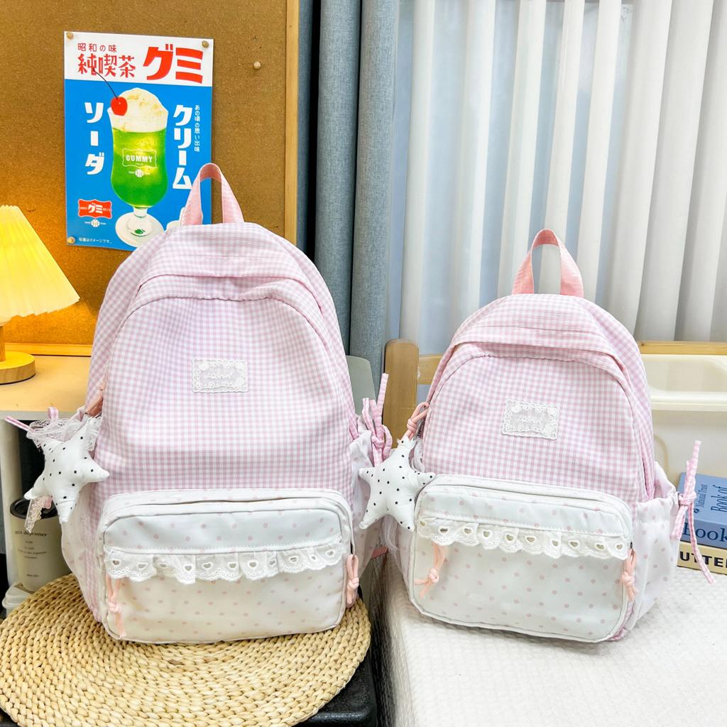 Schoolbag Korean Sweet Plaid Backpack Female Junior High School High School Student School Bag Lace Large Capacity Lightweight Backpack