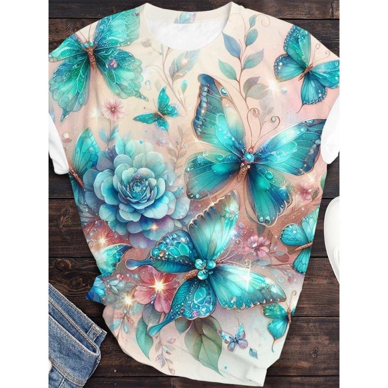 

Женские футболки с 3D-принтами бабочек, футболки с коротким рукавом, топы, футболки с круглым вырезом с 3D-принтами, летняя повседневная женская одежда XS
