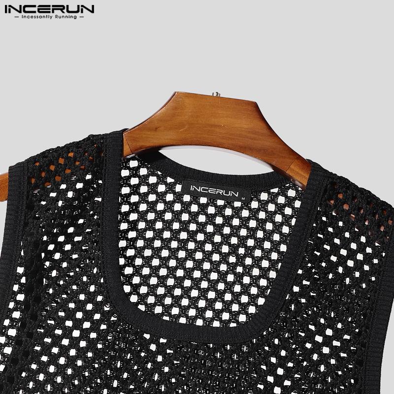 INCERUN Two Pieces Men Hollow Out Sleeveless Tank Tops and Loose Shorts Outfits Sets