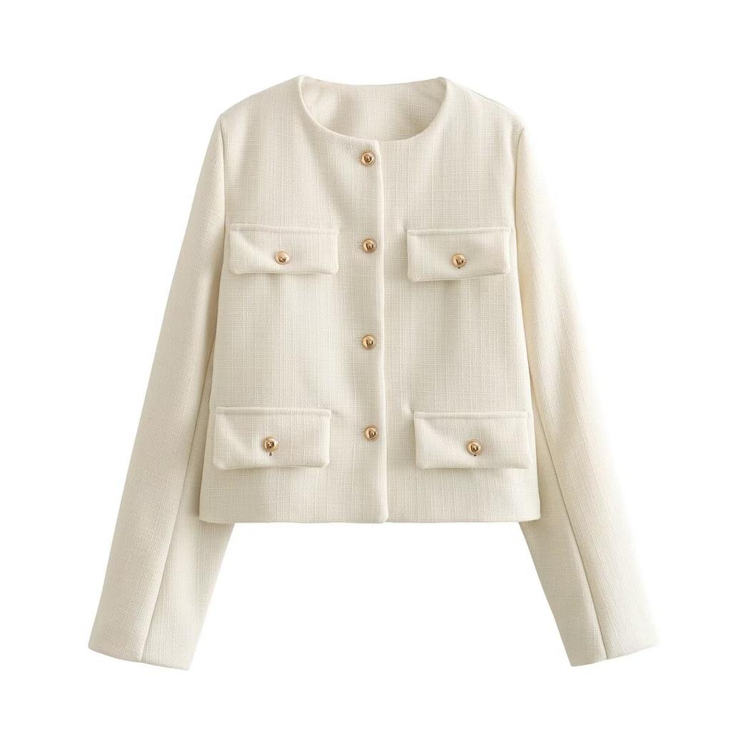 Chaqueta de tweed corta con botones para mujer, chaqueta elegante de manga larga para mujer, abrigos cortos, prendas de vestir exteriores de moda