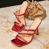 Women's High-heeled Sandals Red Fashion Party One-pedal Square-head High-heeled Shoes Comfortable and Simple High-heeled Sandals Women