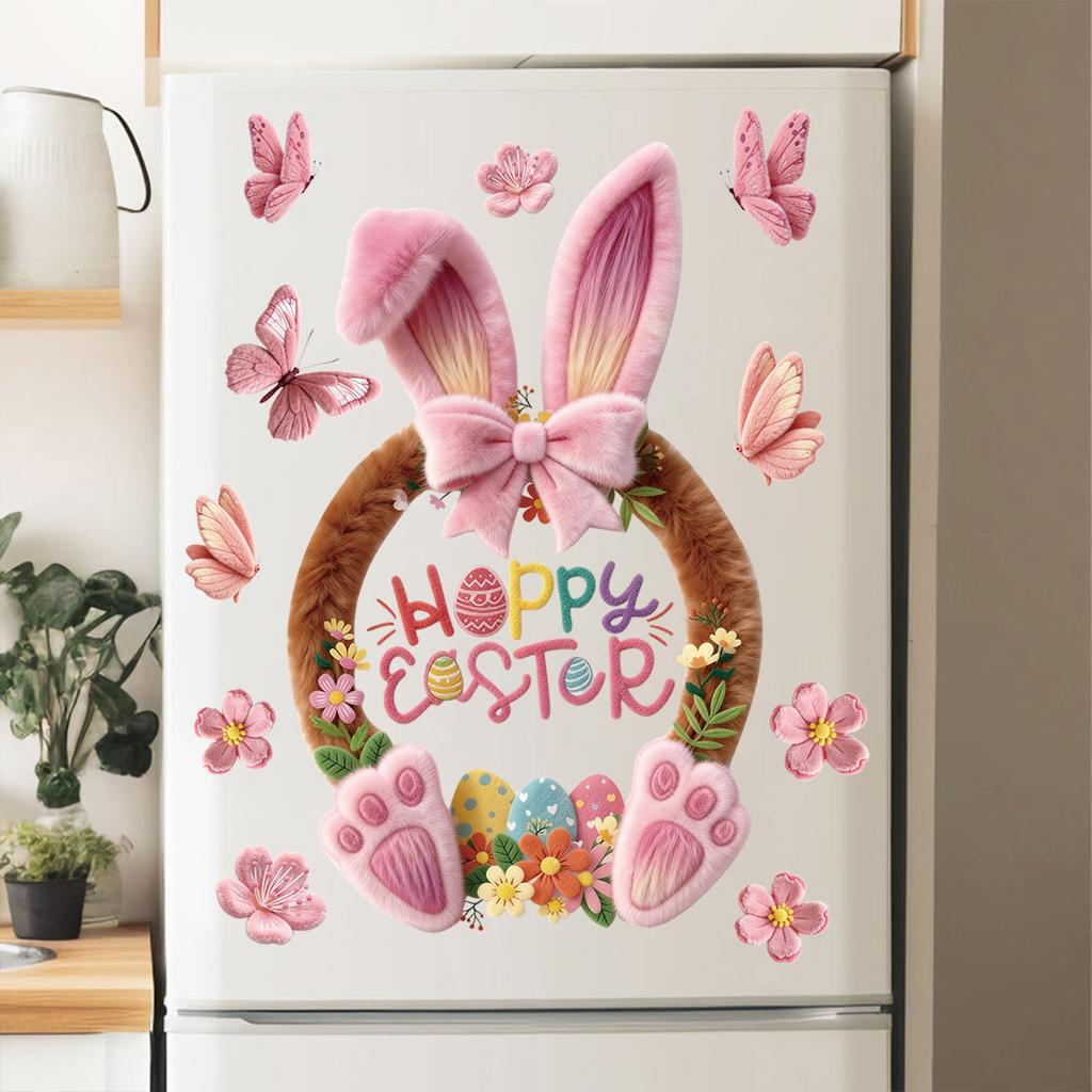 Easter Window Clings 2026 Pink Bunny with Flowers and Butterflies Static Clings for Glass Window Decoration Shop Window Decor