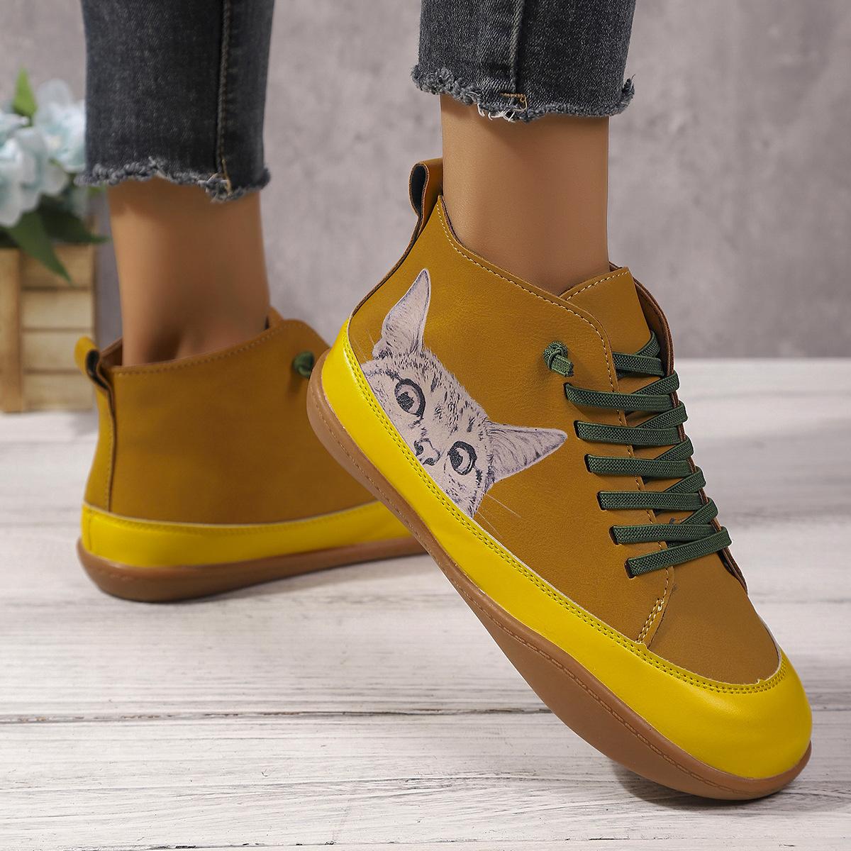 

Plus Size 35-43 Pu Women s Cat Pattern Lace Up Flats Round Toe Cute Casual Shoes Comfort Walking Sneakers Daily Fashion Shoes 43 жовтий
