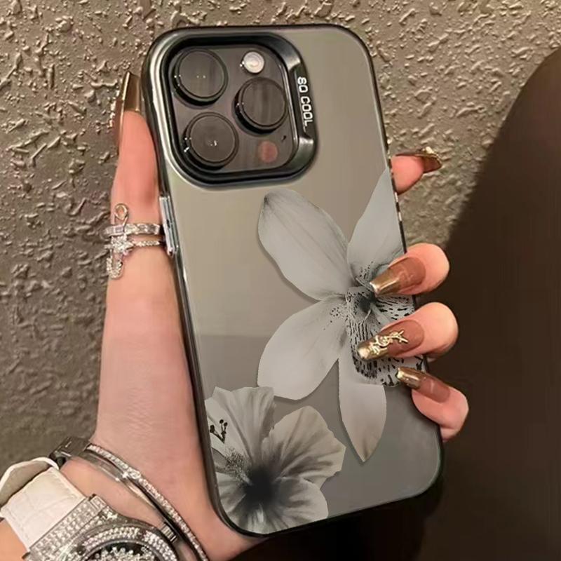 Luxury Black White Floral Pattern Phone Case For iPhone 17 Air 16 15 14 Pro Max 12 13 16 Plus Color Silver Electroplating Cover