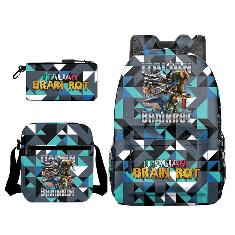 Abstract Foreign Shanhaijing Schoolbag Tongtongsahur Cartoon Primary School Student Backpack Three-piece Set D