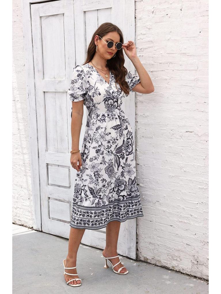 2023 Summer Stand-Up Collar Puff Sleeve Dress with All-Over Print
