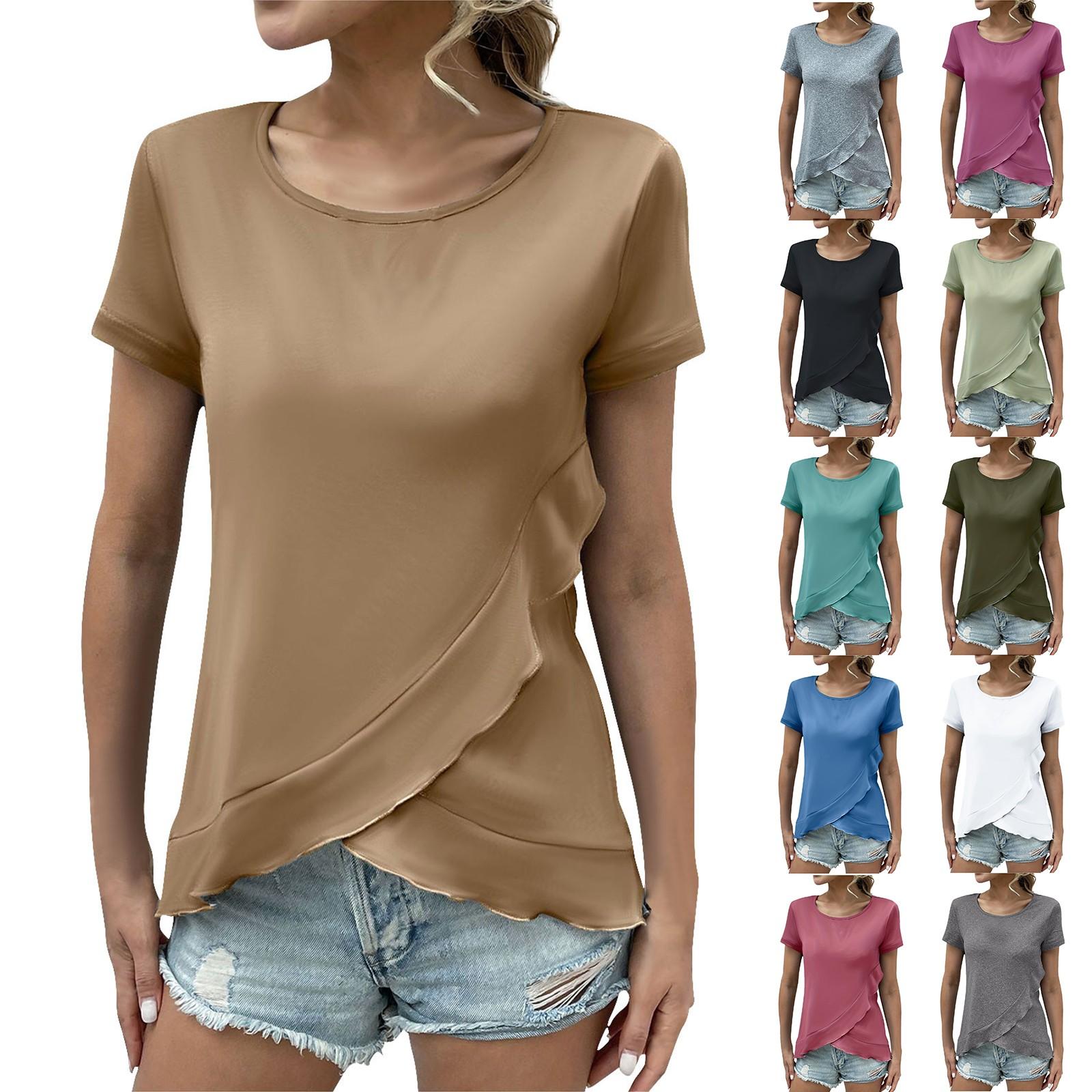 

Женская модная тонкая футболка с короткими рукавами и рюшами, повседневный топ