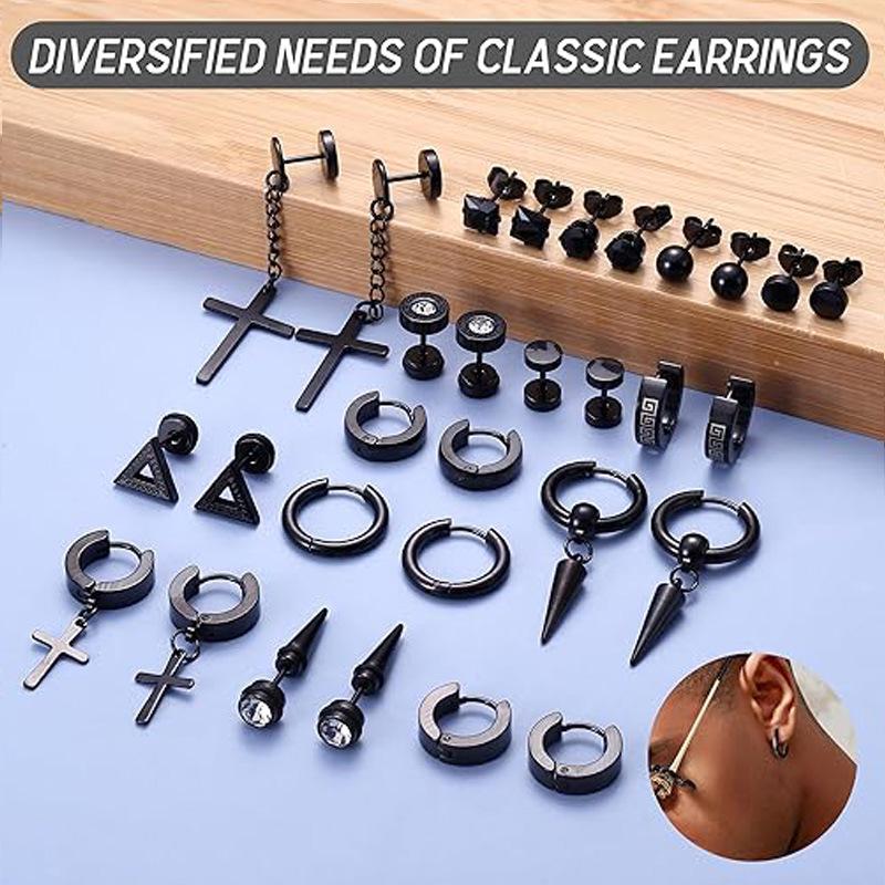 Black Stainless Steel Cross Hoop Earring Set for Men - High-End Electroplated Fashion Jewelry Studs