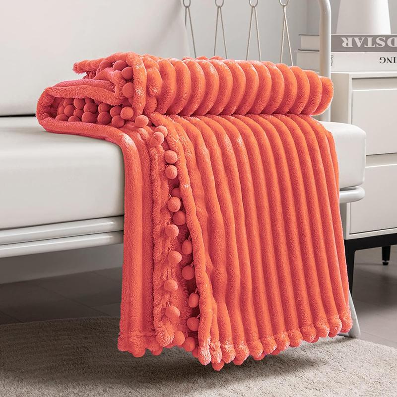 Fleece Throw Blanket Couch with Pom Pom Fringe Soft Cozy Fuzzy Flannel Blankets for Sofa Bed Large Lightweight Plush All Seasons