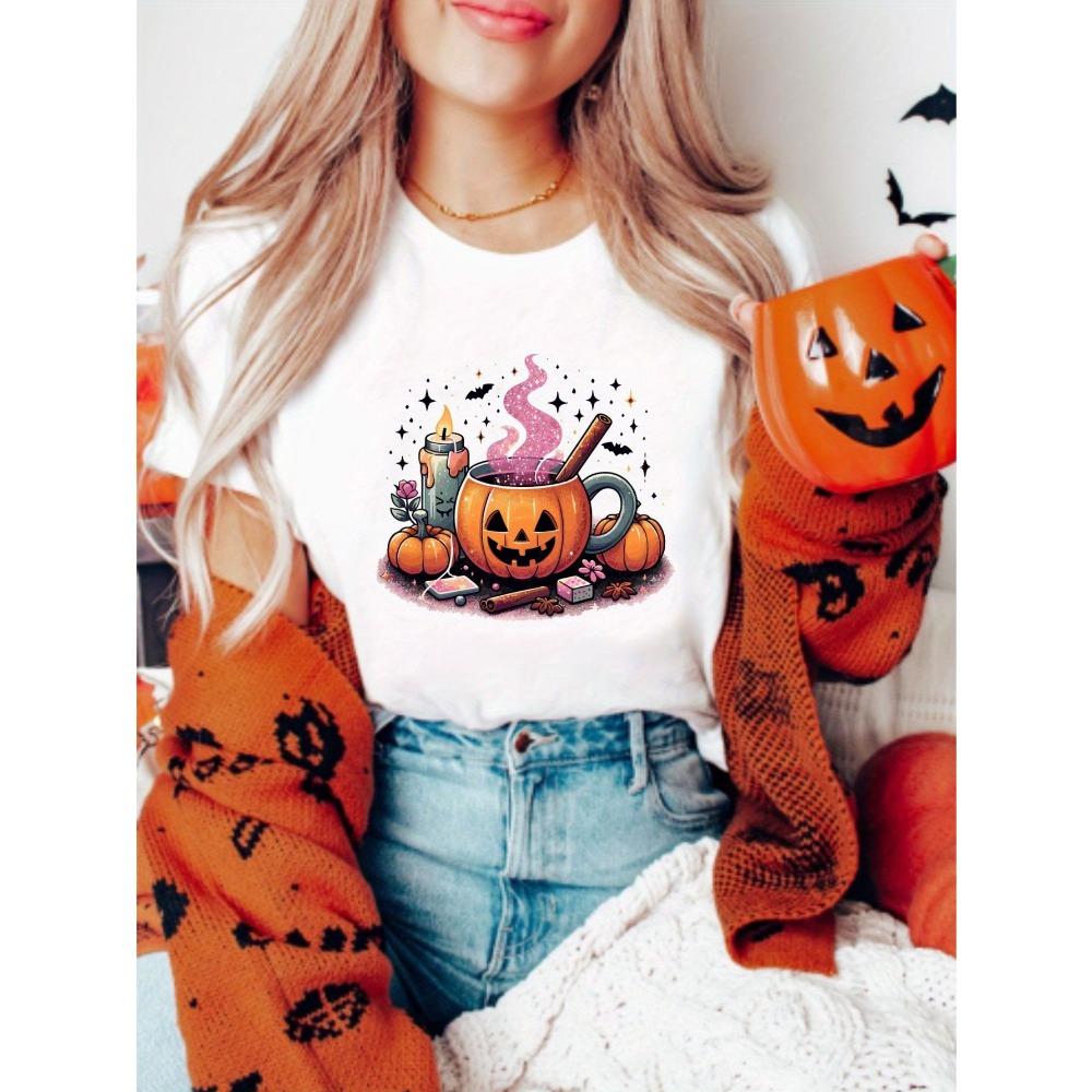 

Halloween themed T-shirt with skull and pumpkin design, perfect for wearing casual sleeve Harajuku streetwear T-shirt XS