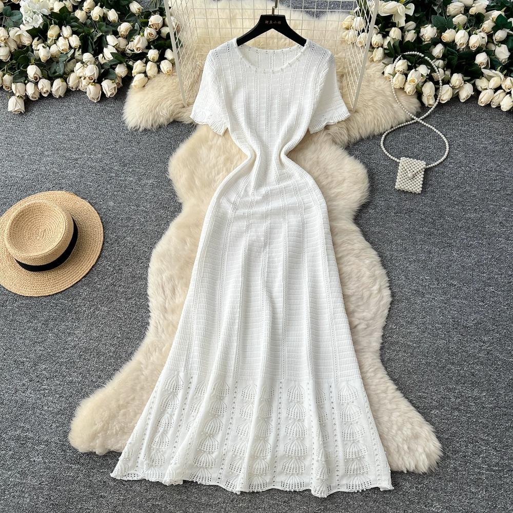 Spring Summer Women Casual Short Sleeve Beading Hollow Out Knitted Sweater Long Maxi Dresses