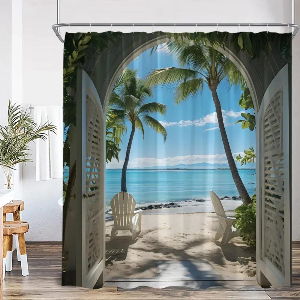 Deniz Kenarı Manzarası Dış Mekan Manzarası Plaj Duş Perdesi Banyo Dekorasyonu Kancalı Polyester Duş Perdesi