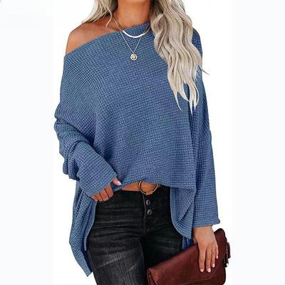 Spring and Autumn Women's T-shirt Casual Off-shoulder Bat Long Sleeve Waffle Knitted Oversized Pullover Sweater Pullover Tops
