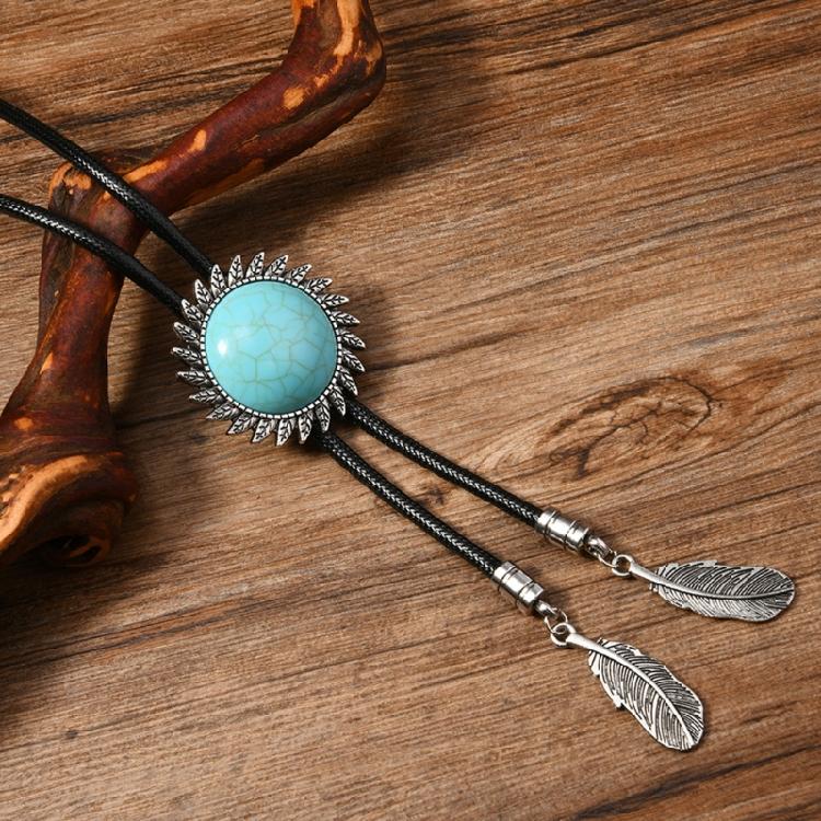 Men Women Western Cowboy Bolo Tie Vintage Floral Stone Pendant Jewelry Leather Rope Necktie Tie Metal Feathered Necklace