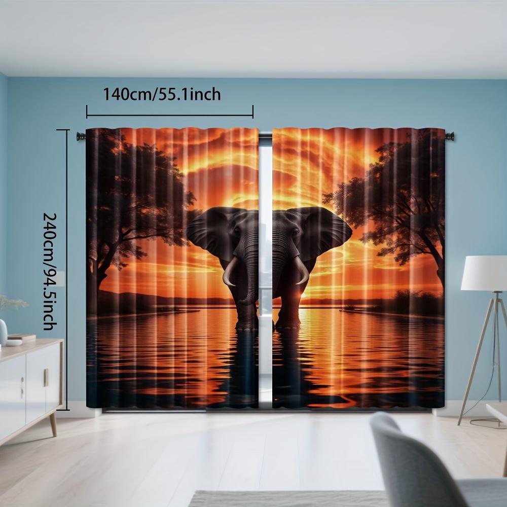 2pcs   Elegant Elephant Sunset Water Reflection Artwork Pattern Curtains Light Filtering Polyester Rod Pocket Design for Bedroom
