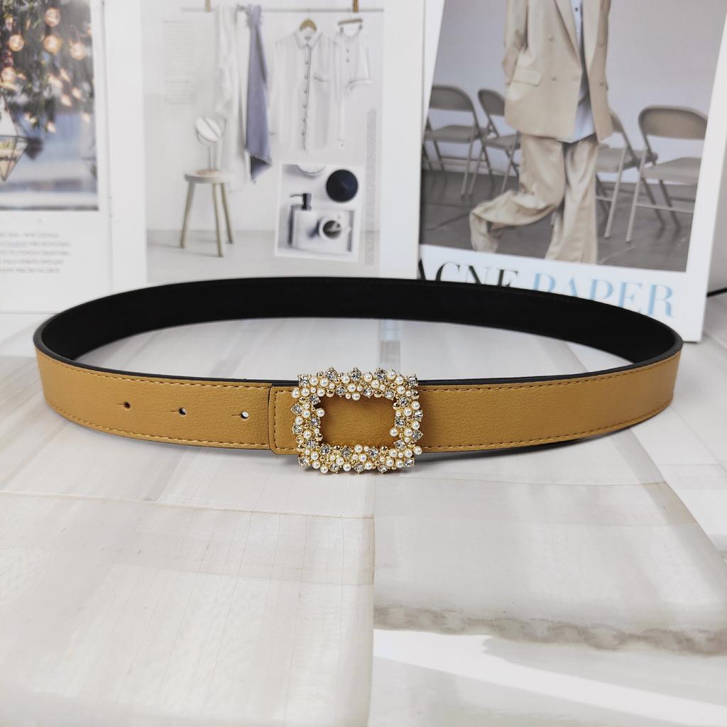 Lychee Pattern Colored Cowhide Belt Women'S Square Pearl Diamond Smooth Buckle Simple Jeans Belt Women