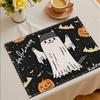 4pcs Spooky Japanese Anime-Inspired Cat Totoro-like Placemats Set Cute Kawaii Kitchen Table Decor with Bats, Pumpkins