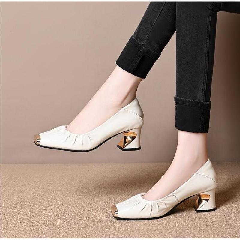 Fashion Ladies Elegant Fold Design Solid Color Simple Pumps Women's High Heels Soft Leather Metal Head Mid-heeled Dress Shoes Loafers