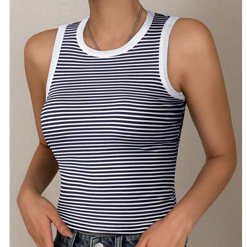 Women's Loose Casual Knitted Striped Contrasting Top, Vest, And Base Shirt