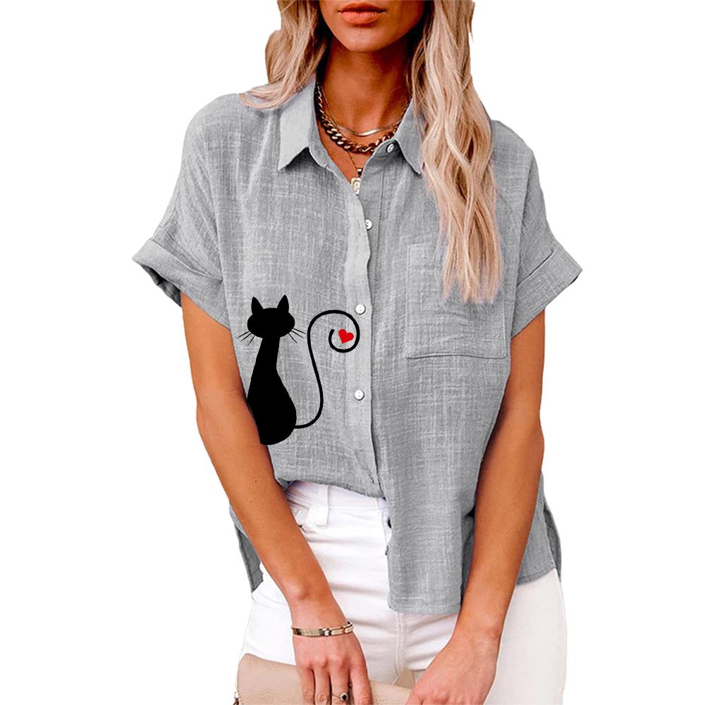 

Большие размеры Женская модная блузка с принтом кота Лето и осень Свободная рубашка с коротким рукавом на пуговицах Женская повседневная льняная футболка 5XL серый