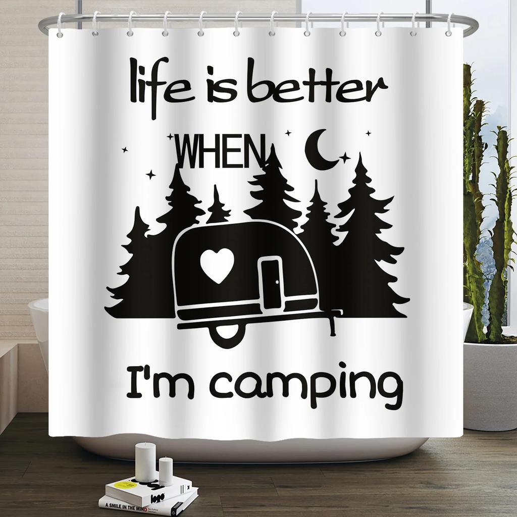 Camper Shower Curtain Happy Camper Trailer Car Rv Forest Mountain Tent Camping Bathroom Shower Curtain Waterproof Bath Curtain