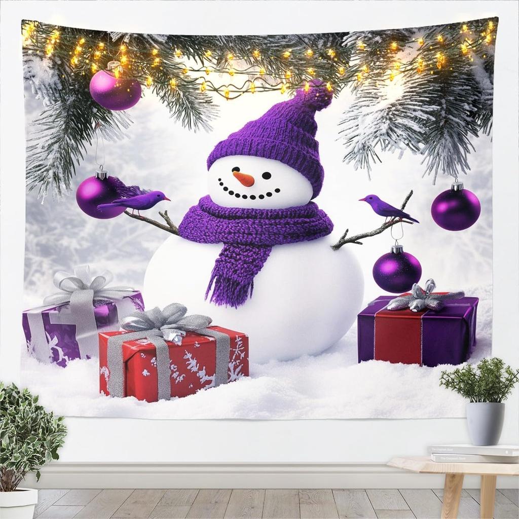 Jejeloiu Pink Christmas Tapestry Small  Kids Snowy Xmas Landscape Wall Art Winter Scene Wall Hanging Blanket Microfiber