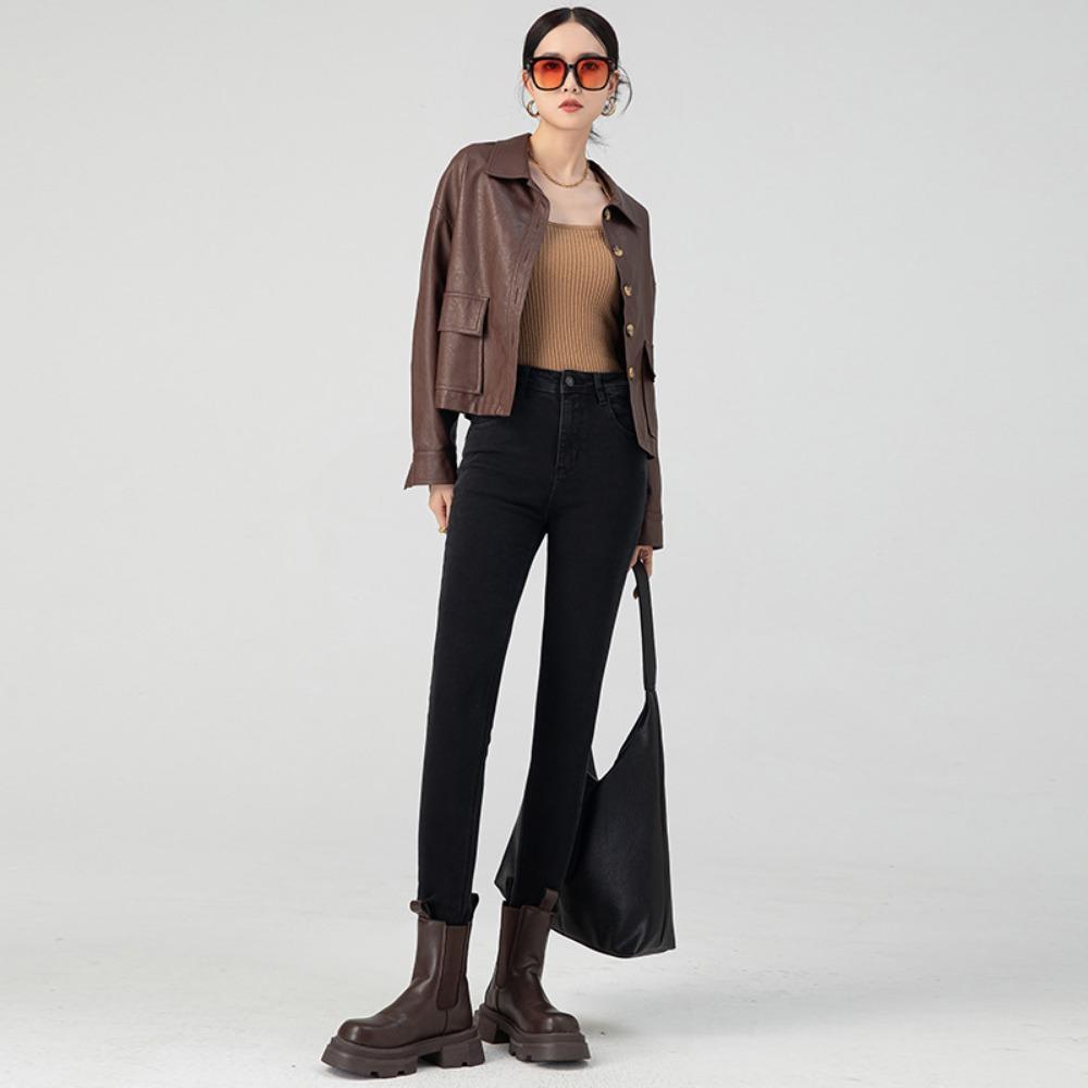 

2025 new autumn and winter jeans women s tight high waist casual slim fit elastic small feet pencil pants tide 32 чёрный