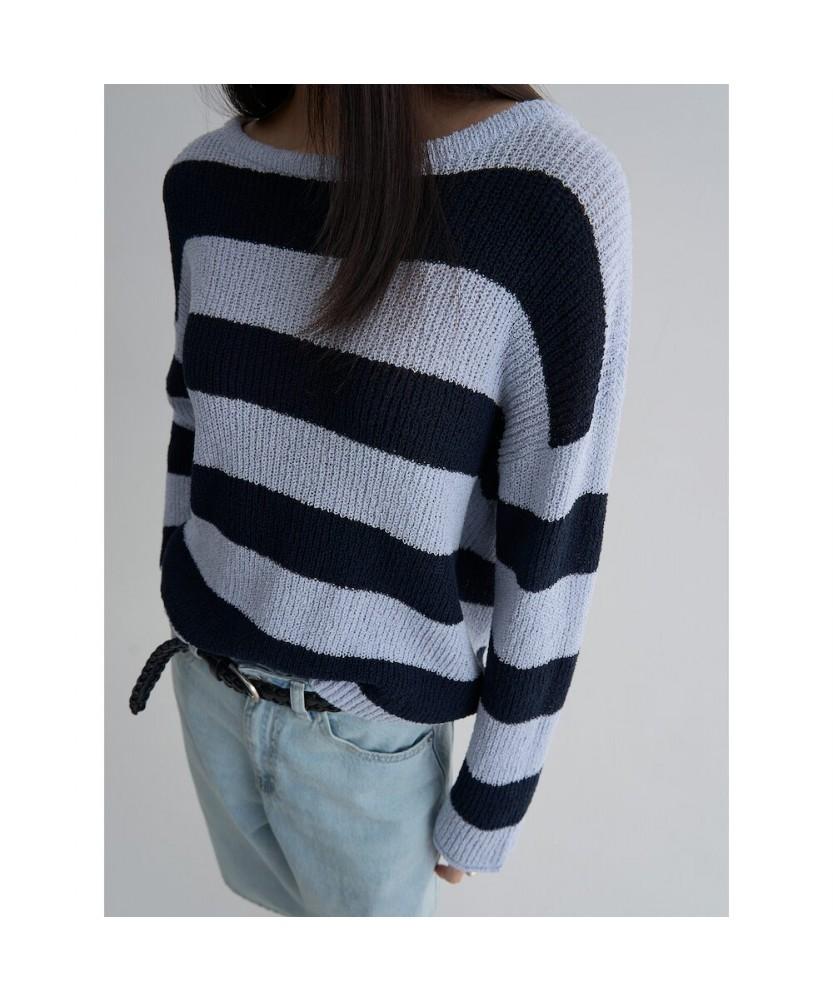 8SECONDS Loose Fit Striped Boat Neck Pullover Blue