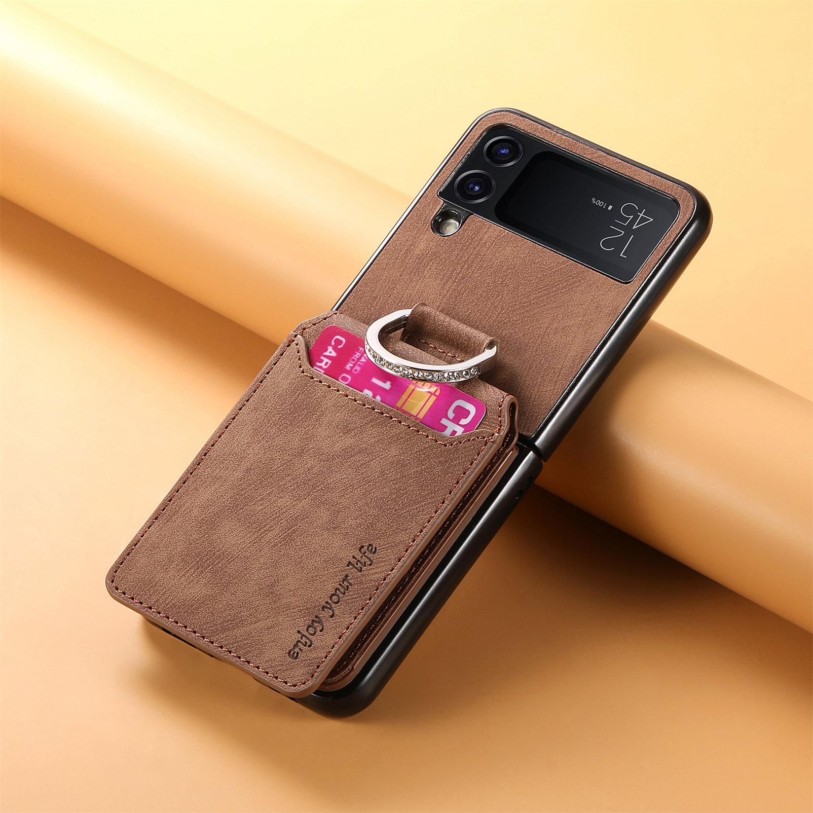 

Wallet Leather Case for Samsung Galaxy Z Flip 7 FE 6 5 4 3 5G Vertical Cards Solt Ring Holder Flip6 Stand Cover and Pocket Bag Galaxy Z Flip6 коричневый