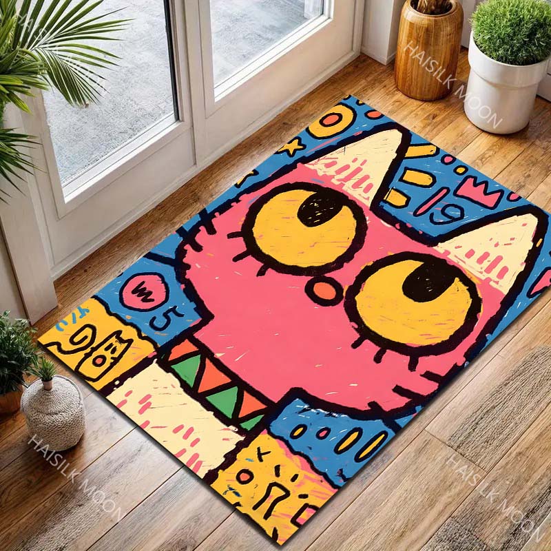 Multiple Sizes Pink Cat Cartoon Graffiti Style Carpet for Living Room Bedroom Sofa Home Decor Rus Non-slip Floor Mat Luxury Gift