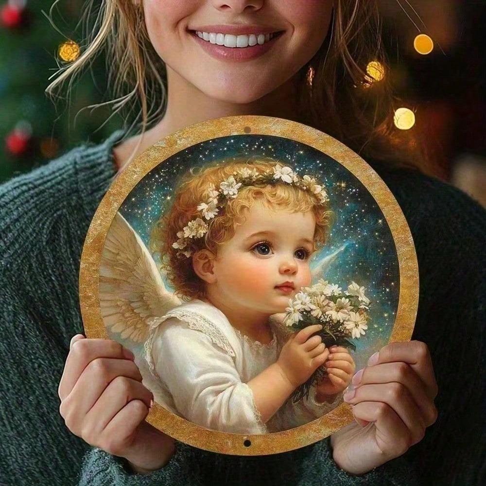 Vintage Angel Baby Metal Round Wall Art 8x8 Inch Tin Sign for Bedroom Home Decor