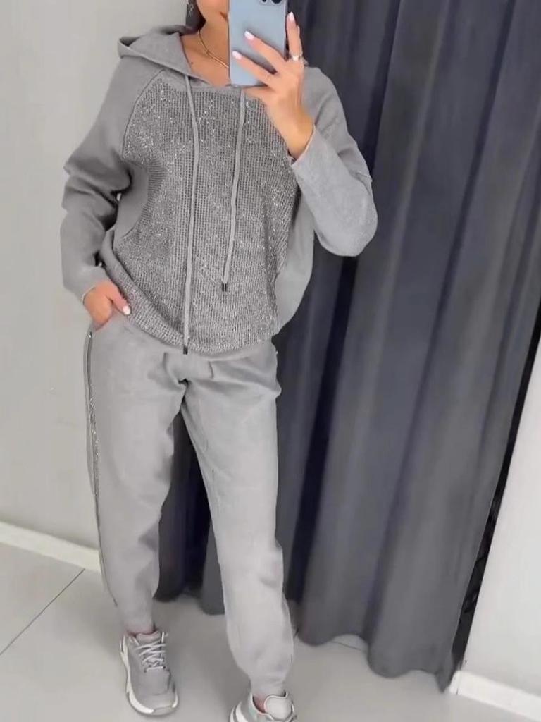 2024 Spring & Autumn Women's Casual Rhinestone Hooded Sweatshirt Sports Set