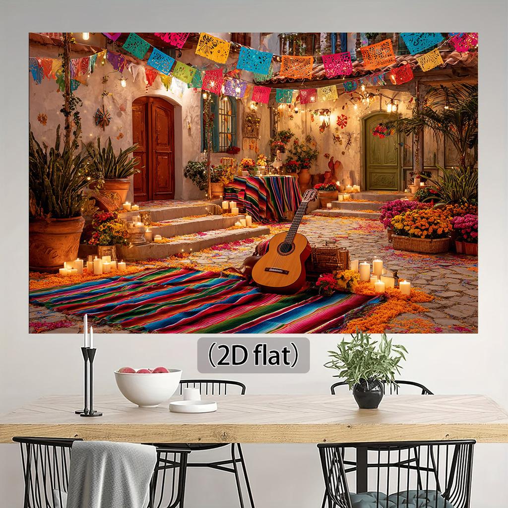 2D plane 1 vivid Mexican party background - colorful paper pieces and peanut flowers guitar design polyester