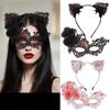 Elegant Lace Half Face Mask with Detachable Cats Ear Headband Hair Decors for Halloween Cosplay Costume Parties