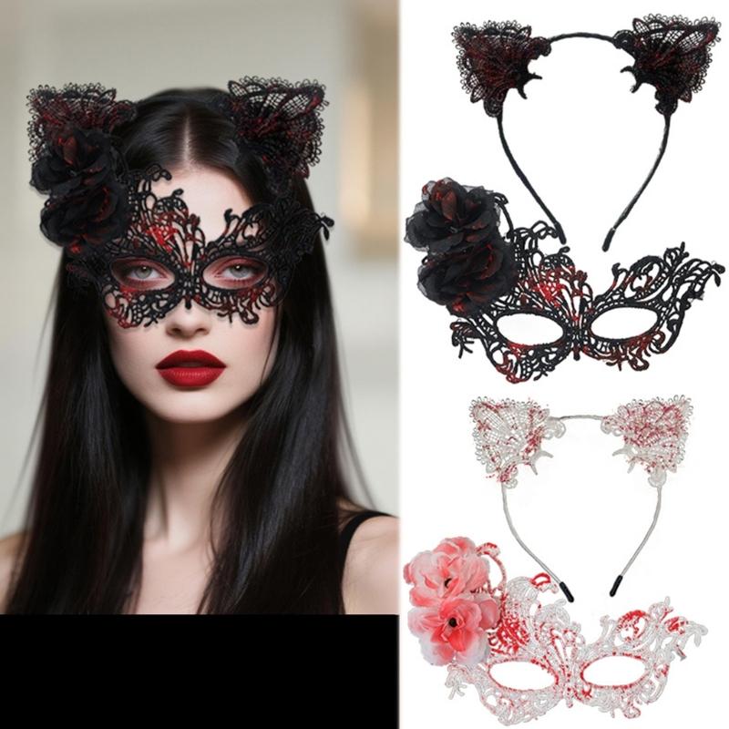 Elegant Lace Half Face Mask with Detachable Cats Ear Headband Hair Decors for Halloween Cosplay Costume Parties
