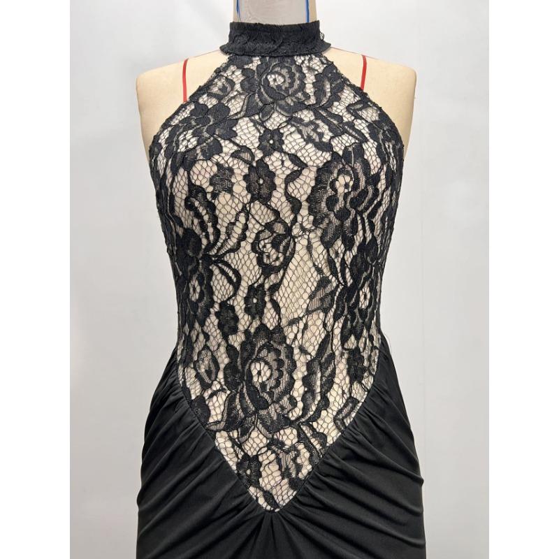Womens Black Sexy Hollow Out Slim Fit Backless Halter Long Party Dress