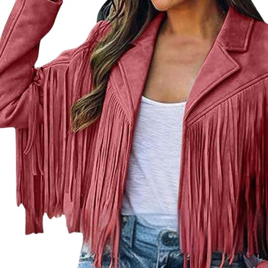 Women Coat Turn-down Collar Long Fringe Solid Color Long Sleeves Cardigan Loose