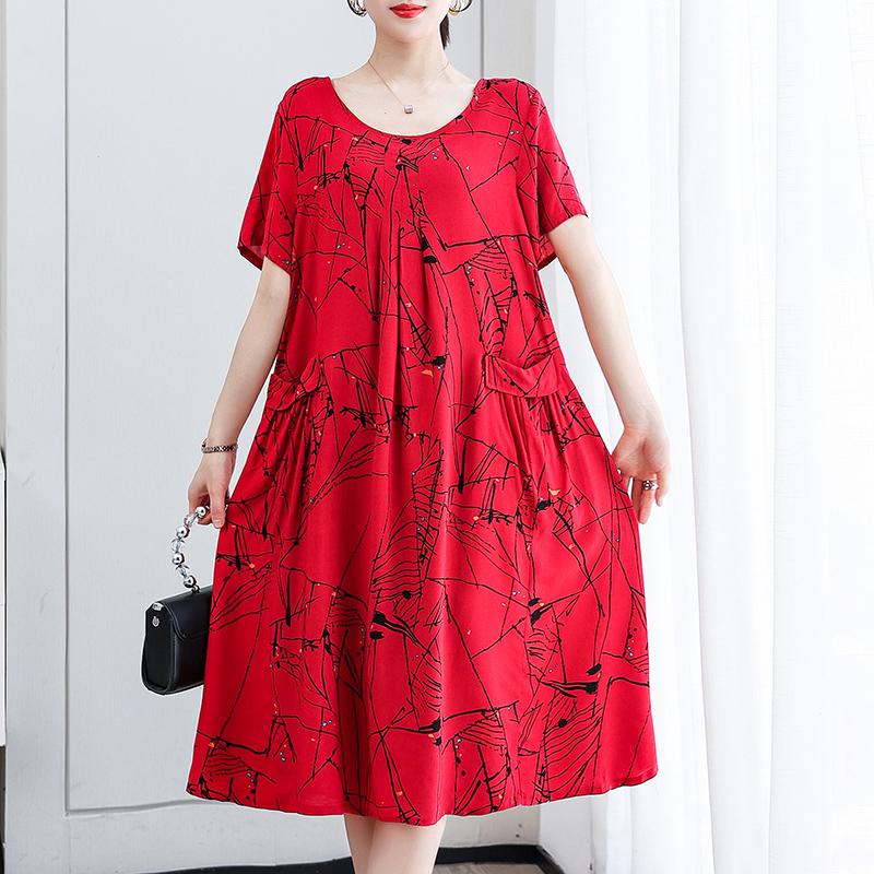 Plus Size Summer Woman Dress Vintage Short Sleeve Print Female Loose Casual Floral Dresses