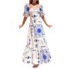 Summer Dress Elegant Women Flower Printed Maxi Dress High Waisted Short Sleeve Square Collar Fashion Holiday Dresses